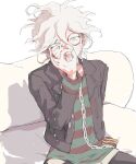  1boy bangs black_jacket black_pants body_writing chain danganronpa_(series) danganronpa_another_episode:_ultra_despair_girls grey_eyes grey_hair hair_between_eyes highres jacket komaeda_nagito long_sleeves looking_at_viewer male_focus messy_hair open_clothes open_jacket pants pillow servant_(danganronpa) siawasejiji sitting solo striped striped_sweater sweater teeth tongue 