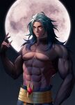  absurdres ankh bad_source blue_hair cowboy_shot crocodilian_tail dark_blue_hair dark_skin egyptian_clothes egyptian_mythology emo37337640 gloves highres moon muscular night night_sky partially_fingerless_gloves seto_sobek_(vtuber) skin_tight sky sobek_(mythology) sobekvt tail tattoo toned yellow_eyes 