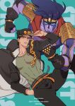  1boy absurdres armor belt black_hair black_headwear black_jacket black_pants chain character_name collar collared_jacket colored_skin commentary copyright_name floating_hair gakuran green_shirt hat highres honlo jacket jojo_no_kimyou_na_bouken kujo_jotaro male_focus medium_hair multiple_belts pants pauldrons pectorals purple_skin red_collar school_uniform serious shirt short_hair shoulder_armor stand_(jojo) star_platinum stardust_crusaders wavy_hair 