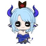  1girl :&gt; animal_ears bangs blue_dress blue_hair blue_horns bow breasts chibi cleavage cow_ears cow_girl cow_horns cow_tail cream_cod crown cult_of_the_lamb dress hair_bow horizontal_pupils horns indie_virtual_youtuber large_breasts long_hair looking_to_the_side miilkywayz mole mole_on_breast mole_under_eye mole_under_mouth parody red_crown_(cult_of_the_lamb) side_slit simple_background smile solo strapless strapless_dress style_parody tail thighhighs virtual_youtuber white_background 