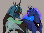  4:3 arthropod black_body blue_body blue_hair caninecrypt changeling crown duo ear_tuft equid equine female feral folded_wings friendship_is_magic green_eyes grey_background hair hasbro horn inner_ear_fluff insect_wings mammal my_little_pony princess_luna_(mlp) queen_chrysalis_(mlp) simple_background smile tuft unicorn_horn winged_unicorn wings 