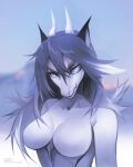  2022 anthro blue_eyes breasts digital_media_(artwork) dragon eyebrows eyelashes featureless_breasts female hair hi_res nude purple_hair smile unknowhiter 