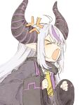  &gt;_&lt; 1girl abara_heiki ahoge anger_vein ascot bangs black_jacket demon_horns fang from_side grey_hair hololive horns jacket la+_darknesss long_hair long_sleeves metal open_mouth pointy_ears purple_hair solo v-shaped_eyebrows virtual_youtuber wide_sleeves yellow_ascot 