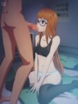  1boy 1girl antenna_hair blush bra breasts censored dark-skinned_male dark_skin fellatio glasses highres keihh long_hair mosaic_censoring on_bed oral orange_hair panties persona persona_5 purple_eyes sakura_futaba signature striped striped_panties thighhighs underwear 