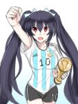  1girl 2022_fifa_world_cup absurdres bangs black_hair blue_ribbon breasts hair_between_eyes hair_ribbon happy highres long_hair looking_at_viewer medium_breasts neptune_(series) noire_(neptune_series) red_eyes ribbon sketch smile soccer_uniform solo sportswear twintails very_long_hair world_cup zatsu 