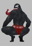  2019 alien black_body black_butt bodily_fluids broly_culo butt butt_focus clothed clothing cosme crouching english_text grey_background hi_res humanoid long_tongue looking_back male marvel meme monster not_furry open_mouth open_smile parody red_clothing red_tongue red_underwear saliva sharp_teeth simple_background smile solo spider-man_(series) spread_legs spreading symbiote teeth text text_on_clothing text_on_underwear tongue tongue_out topless underwear underwear_only venom_(marvel) 