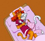  anthro bed black_nose breasts clothing collar domestic_cat duo eyes_closed felid feline felis female female/female fiona_(artist) fiona_flash floofy_(character) fur furniture hair hi_res mammal orange_body orange_fur pajamas pillow pink_nose red_hair sleeping whiskers white_body white_fur white_hair young 