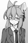  2017 aged_up ahoge anthro bangs business_suit chipped_ear clothed clothing devil-vox devy_(devil-vox) digital_media_(artwork) domestic_cat dress_shirt eyewear felid feline felis fully_clothed glasses greyscale hair jacket looking_at_viewer male mammal monochrome necktie notched_ear serious shirt side_bangs signature simple_background solo suit topwear 