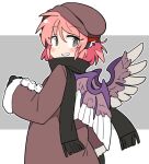  1girl animal animal_ears bird bird_ears bird_wings black_mittens black_scarf blush brown_coat brown_headwear coat earrings fringe_trim grey_eyes grin hat ini_(inunabe00) jewelry long_sleeves mittens mystia_lorelei pink_hair scarf short_hair single_earring smile solo touhou upper_body white_wings wings 