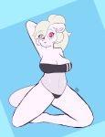  absurd_res anthro clothed clothing female fur gris_swimsuit hands_behind_head hi_res kneeling looking_up mammal max_draws meme meme_clothing mustelid one-piece_swimsuit otter patreon pink_eyes simple_background solo swimwear translucent translucent_clothing translucent_swimwear white_body white_fur 