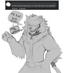  absurd_res clothed clothing collar comment covered_eyes dialogue felid hi_res lion male male/male mammal medallion pantherine raul_(terryskaii) sketch solo spanish_text terryskaii_(artist) text 