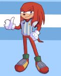  2022 anthro argentina biped black_nose blue_background bottomless clothed clothing echidna footwear full-length_portrait gloves half-closed_eyes handwear hi_res knuckles_the_echidna lilo_uwu looking_at_viewer male mammal monotreme narrowed_eyes portrait purple_eyes red_body sega shoes signature simple_background smile soccer_uniform solo sonic_the_hedgehog_(series) sportswear standing uniform 