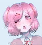  1girl artist_name bangs blazer blue_background blurry bob_cut bokeh brown_jacket close-up commentary dead_temple depth_of_field doki_doki_literature_club dress_shirt english_commentary eyelashes hair_ornament hair_over_one_eye hair_ribbon hair_strand head_tilt highres jacket looking_at_viewer messy natsuki_(doki_doki_literature_club) neck_ribbon open_mouth pink_eyes pink_hair portrait red_ribbon ribbon saliva saliva_trail school_uniform sexually_suggestive shadow shirt short_hair signature simple_background solo swept_bangs teeth tongue tongue_out two_side_up upper_teeth_only v-shaped_eyebrows white_shirt x_hair_ornament yogurt 