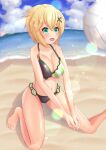  1girl absurdres akatsuki_kirika bangs beach beach_volleyball bikini blonde_hair blue_sky breasts cloud commentary_request day fisheye green_eyes hair_between_eyes hair_ornament hairclip highres horizon lens_flare looking_up motion_blur open_mouth outdoors outstretched_arms partial_commentary patterned_clothing sand senki_zesshou_symphogear shore short_hair sky spread_legs sweat swimsuit tsubame-w 