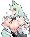  1girl :q animal_ears aqua_eyes aqua_hair aqua_nails arknights bangs bare_shoulders blush breasts breasts_out harmonie_(arknights) heart heart-shaped_pupils highres long_hair looking_at_viewer nipples simple_background sketch smile solo stine_r sweat symbol-shaped_pupils tail tongue tongue_out variant_set white_background 