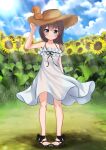  1girl absurdres bangs blue_sky blush brown_hair cloud cloudy_sky dress flower grass green_eyes hat highres holding holding_clothes holding_hat hololive looking_at_viewer matsurisu medium_hair mitsuboshi_nuko natsuiro_matsuri no_panties pigeon-toed sandals see-through sky smile squirrel straw_hat sunflower virtual_youtuber white_dress 