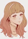  1girl aduti_momoyama bangs celica_(fire_emblem) closed_mouth earrings eyelashes fire_emblem fire_emblem_echoes:_shadows_of_valentia hairband highres jewelry lips long_hair looking_at_viewer orange_hair pink_eyes pink_lips portrait simple_background solo turtleneck white_background 