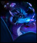 2022 ambiguous_gender digital_media_(artwork) dragon eyewear feral glacierdragoon glasses hair hi_res horn purple_eyes scales smile solo teeth 