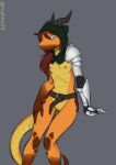  absurd_res anthro armor armwear belt blue_eyes bottomless breasts brown_hair clothed clothing dragon female female/female genitals green_hood grey_horn hair hi_res horn llyana_(sealer4258) markings non-mammal_breasts ponytail pussy sealer4258 solo 