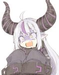  1girl abara_heiki ahoge bangs collar demon_horns hololive horns la+_darknesss long_hair long_sleeves metal_collar multicolored_hair open_mouth pointy_ears purple_hair shaded_face simple_background sleeves_past_fingers sleeves_past_wrists solo streaked_hair upper_body virtual_youtuber white_background white_hair yellow_eyes 