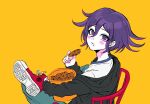  1boy alternate_costume bangs black_jacket blush_stickers closed_mouth cookie danganronpa_(series) danganronpa_v3:_killing_harmony eating food grey_pants holding holding_food hood hood_down hooded_jacket jacket medium_hair orange_background ouma_kokichi pants purple_hair red_footwear shiny shiny_hair shirt shoes simple_background solo ttegi_(ddeck_dg) white_shirt yellow_background 