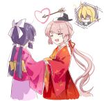  3girls ahoge akinomiya_asuka ariwara_no_miyabiko arrow_through_heart bangs black_headwear blonde_hair closed_mouth commentary_request glasses hair_ribbon hakama hakama_skirt hat heart infinite_blade_pavilion japanese_clothes kimono long_hair long_sleeves magahara_mitama multiple_girls mystical_power_plant orange_kimono original pink_hair pink_hakama pink_kimono ponytail purple_hair red_hakama red_ribbon ribbon sketch skirt suitokuin_tenmu sweat tate_eboshi touhou twintails white_ribbon wide_sleeves yaezaki_an 