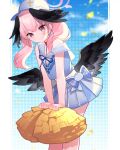 1girl black_wings blue_archive blue_background blue_ribbon blue_skirt bow cheerleader closed_mouth cowboy_shot etomai feathered_wings halo head_wings heart highres holding holding_pom_poms koharu_(blue_archive) looking_at_viewer low_wings medium_hair miniskirt multiple_wings neck_ribbon off_shoulder pillarboxed pink_eyes pink_hair pleated_skirt pom_pom_(cheerleading) ribbon sailor_collar skirt sleeveless solo sticker_on_face twintails wavy_mouth white_headwear white_sailor_collar wings 