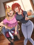  2girls absurdres blonde_hair braid breasts burnt_green_tea chainsaw_man cross-shaped_pupils demon_girl demon_horns denim fangs highres horns jeans large_breasts long_hair makima_(chainsaw_man) meowy_(chainsaw_man) multiple_girls pants pink_shirt pochita_(chainsaw_man) power_(chainsaw_man) red_hair red_pupils red_skirt ribbed_sweater sharp_teeth shirt skirt sweater symbol-shaped_pupils teeth very_long_hair yellow_eyes 