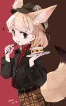  alternate_costume animal_ears black_jacket blonde_hair brown_skirt cabbie_hat cake cake_slice casual commentary_request cowboy_shot eating extra_ears fennec_(kemono_friends) food fork fox_ears fox_girl fox_tail fruit hat highres jacket kemono_friends multicolored_hair nanana_(nanana_iz) open_clothes open_jacket plaid plaid_skirt plate red_sweater short_hair skirt strawberry striped striped_sweater sweater tail turtleneck turtleneck_sweater two-tone_hair white_hair 