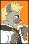  2:3 anthro aoi_(pixiv) black_border blonde_hair blush border brown_body brown_fur eyewear fur glasses hair hyena lifewonders live-a-hero looking_at_viewer male mammal roiker sake_dish side_view solo video_games 