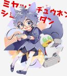  2boys :3 :d animal_ears artist_name bangs bkub_(vtuber) black-framed_eyewear black_bow blue_eyes blue_footwear blue_hair blue_shirt blue_shorts blue_tail bow bowtie commentary_request controller dual_persona duckman fune_(2oo82) game_console game_controller glasses green_eyes grey_hair highres holding holding_controller holding_game_controller indie_virtual_youtuber male_focus midair multicolored_hair multiple_boys no_pupils open_mouth original over-kneehighs round_eyewear school_uniform shirt short_eyebrows shorts single_wrist_cuff smile socks sparkle swept_bangs teeth thighhighs translation_request upper_teeth_only virtual_youtuber voice_actor_connection white_socks wrist_cuffs 