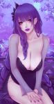  1girl bangs blunt_bangs braid braided_ponytail breasts cleavage dress ear_piercing flower genshin_impact hair_flower hair_ornament large_breasts lips long_hair looking_at_viewer piercing purple_eyes purple_hair purple_nails raiden_shogun solo soranamae very_long_hair 