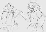  absurd_res alex_(terryskaii) anthro baggy_clothing canid canine canis clothing collar covered_eyes duo felid gesture hi_res holding_bag lion male mammal medallion pantherine pointing raul_(terryskaii) terryskaii_(artist) wolf 