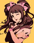  1girl bangle bangs bow bracelet breasts brown_eyes brown_hair cleavage clothing_cutout crossed_arms finger_to_mouth fingerless_gloves gloves hair_bow half_updo heart_cutout jewelry kujikawa_rise long_hair looking_at_viewer medium_breasts moshimoshibe one_eye_closed parted_lips persona persona_4 pink_bow portrait shirt short_sleeves single_glove smile solo upper_body white_shirt yellow_background 