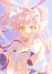  1girl absurdres bangs blue_background choker gloves highres kaname_madoka long_hair looking_at_viewer magical_girl mahou_shoujo_madoka_magica orange_eyes own_hands_clasped own_hands_together peachuu pink_hair ribbon sketch smile solo twintails ultimate_madoka upper_body white_choker white_gloves white_ribbon 