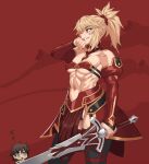  1boy 1girl bangs bare_shoulders blonde_hair blood blood_on_hands blush braid breasts clarent_(fate) commentary_request covered_nipples fate_(series) french_braid fujimaru_ritsuka_(male) green_eyes grin hair_ornament hair_scrunchie holding holding_sword holding_weapon long_hair mikoyan mordred_(fate) muscular muscular_female navel open_mouth ponytail red_background red_scrunchie scrunchie sidelocks simple_background small_breasts smile sword teeth weapon wiping_face 