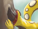 amarali_(artist) ambiguous_gender animal_genitalia animal_penis anthro brown_body deep_throat duo equine_penis genitals green_eyes hand_on_head hi_res holding_mouth male male/ambiguous mammal mouth_play oral penis penis_in_mouth reptile scalie snake yellow_body 