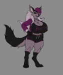  anthro big_breasts big_butt black_body black_fur bodily_fluids breasts butt canid canine canis clothed clothing collar demon female fluffy fluffy_tail fur hair hi_res hybrid karnator looking_at_viewer mammal multicolored_body multicolored_fur nipple_outline nipples open_mouth purple_body purple_fur purple_hair red_eyes solo thick_thighs wolf 