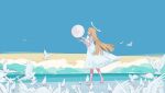  1girl bird blonde_hair closed_eyes cloud dress flying_animal halo hand_up highres horizon liliyfox long_hair moon ocean original outdoors seagull sky solo walking white_dress wide_shot 