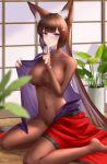  1girl absurdres amagi_(azur_lane) animal_ear_fluff animal_ears azur_lane bangs blunt_bangs blush bodystocking breasts bridal_gauntlets brown_hair commentary covered_collarbone covered_navel fox_ears fox_girl frozen-sad full_body hair_ornament hand_up highres japanese_clothes kimono large_breasts long_hair looking_at_viewer no_shoes no_tail parted_lips plant potted_plant purple_eyes purple_kimono red_kimono shadow sidelocks signature sitting smile solo taut_clothes thick_eyebrows undressing wariza wooden_floor 