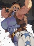  1girl arms_up bangs blonde_hair blue_eyes blue_shirt body_freckles breasts brown_vest carrying carrying_overhead cleavage_cutout clothing_cutout commentary cow_horns freckles gloves hair_between_eyes highres horns huge_breasts kugara4423 leather_belt long_hair looking_at_viewer muscular muscular_female open_mouth original pants shirt solo star_(symbol) star_cutout stone teeth vest white_pants 
