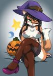  anthro black_hair breasts canid canine clothing collar daigaijin dipstick_tail female footwear fox fur green_eyes hair hat headgear headwear hi_res jack-o&#039;-lantern kalita_(furryfight_chronicles) legwear mammal markings nipples one_eye_closed orange_body orange_fur shoes solo spiked_collar spikes tail_markings thigh_highs wink witch_hat 