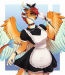  2022 anthro artist_name biped blue_background blue_eyes border cleaning_tool clothed clothing digital_media_(artwork) dragon eyelashes feather_duster feathered_wings feathers female fur gradient_background hair hi_res holding_cleaning_tool holding_feather_duster holding_object maid_uniform onomari orange_body orange_fur red_hair shaded simple_background solo standing uniform white_border wings 