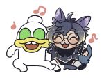  2boys :3 :d animal_ears bangs bkub_(vtuber) black-framed_eyewear black_bow blonde_hair blue_footwear blue_hair blue_shirt blue_shorts blue_tail bow bowtie buck_teeth closed_eyes commentary_request dancing dual_persona duckman facing_viewer fukuzawa_akane_(artist) glasses green_eyes hand_on_another&#039;s_arm indie_virtual_youtuber male_focus multicolored_hair multiple_boys musical_note no_pupils open_mouth original over-kneehighs round_eyewear school_uniform shirt short_eyebrows shorts simple_background single_wrist_cuff smile socks swept_bangs teeth thighhighs upper_teeth_only virtual_youtuber voice_actor_connection white_background white_socks wrist_cuffs 