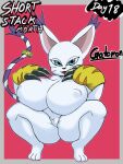  anthro bandai_namco big_breasts breasts butt_from_the_front crouching digimon digimon_(species) female gatomon hi_res huge_breasts jyto pubes short_stack solo white_body 