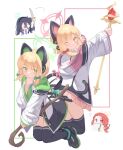  4girls absurdres animal_ear_headphones animal_ears aris_(blue_archive) black_thighhighs blonde_hair blue_archive bow cat_ear_headphones closed_mouth commentary fake_animal_ears green_bow green_eyes hair_bow halo headphones highres holding holding_staff holding_sword holding_weapon jacket klaius long_hair midori_(blue_archive) momoi_(blue_archive) multiple_girls one_eye_closed red_bow red_eyes red_hair short_hair siblings sisters smile staff sword thighhighs thighs weapon white_jacket yuzu_(blue_archive) zettai_ryouiki 