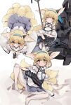  1girl 1other all_fours animal_ear_fluff animal_ears arknights bare_shoulders blonde_hair blush commentary doctor_(arknights) dress fox_ears fox_tail frilled_dress frills furrowed_brow gloves green_eyes hair_rings hairband half-closed_eyes holding holding_staff infection_monitor_(arknights) leaning_on_person leg_lift multiple_tails multiple_views one_eye_closed pantyhose parted_lips pkpkpppk revision scrunchie short_hair simple_background single_glove smile spread_legs staff suzuran_(arknights) tail white_background white_pantyhose wrist_scrunchie 