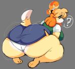  animal_crossing anthro bent_over big_breasts big_butt black_sclera bottomwear breasts butt canid canine canis clothing dipstick_tail domestic_dog female hair hi_res huge_butt isabelle_(animal_crossing) kneeling lewd_dorky looking_at_viewer looking_back mammal markings nintendo orange_hair panties question_mark shih_tzu shirt skirt solo tail_markings thick_thighs topwear toy_dog underwear video_games white_eyes yellow_body 