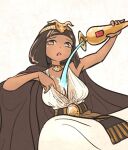  1girl belt breasts brown_eyes brown_hair cleavage cleopatra dark-skinned_female dark_skin dress egyptian egyptian_clothes holding_vase long_hair original pouring pouring_onto_self solo tiara vanishlily very_long_hair water wet wet_clothes white_dress 