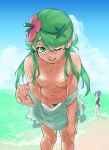  2girls bangs beach bent_over blue_hair blue_one-piece_swimsuit breasts dark_nipples day female_pubic_hair flower green_eyes green_hair green_headband green_pubic_hair grey_overalls hair_flower hair_ornament headband highres kouya_toufu lana_(pokemon) long_hair looking_at_another looking_at_viewer mallow_(pokemon) medium_hair multiple_girls navel nipples no_bra no_panties ocean one-piece_swimsuit one_eye_closed open_mouth outdoors overalls parted_bangs pink_flower pokemon pokemon_(game) pokemon_sm pubic_hair sand seductive_smile small_breasts smile solo_focus standing stomach sweat swimsuit tan twintails undressing very_long_hair water 